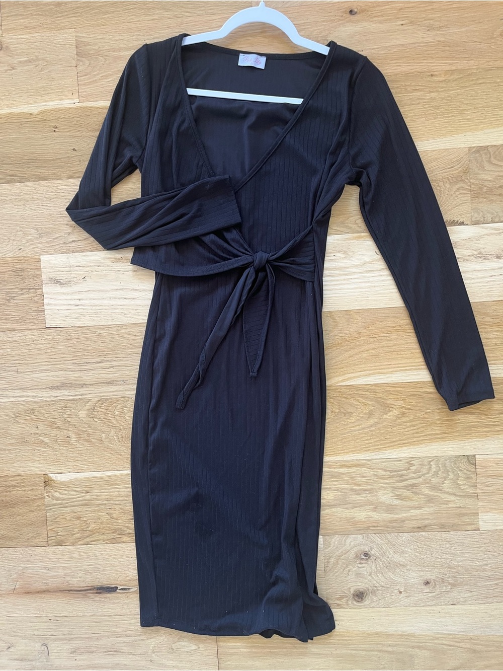 Pink Lily Black Ribbed Wrap Tie Long-Sleeve Dress